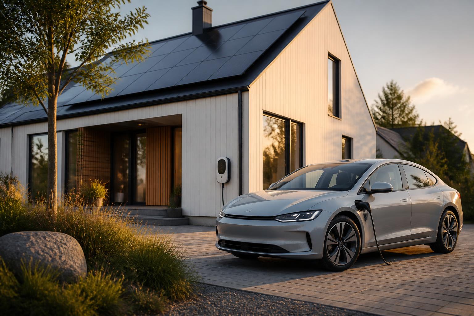Moderne woning met zonnepanelen en een elektrische auto die laadt aan een laadpaal